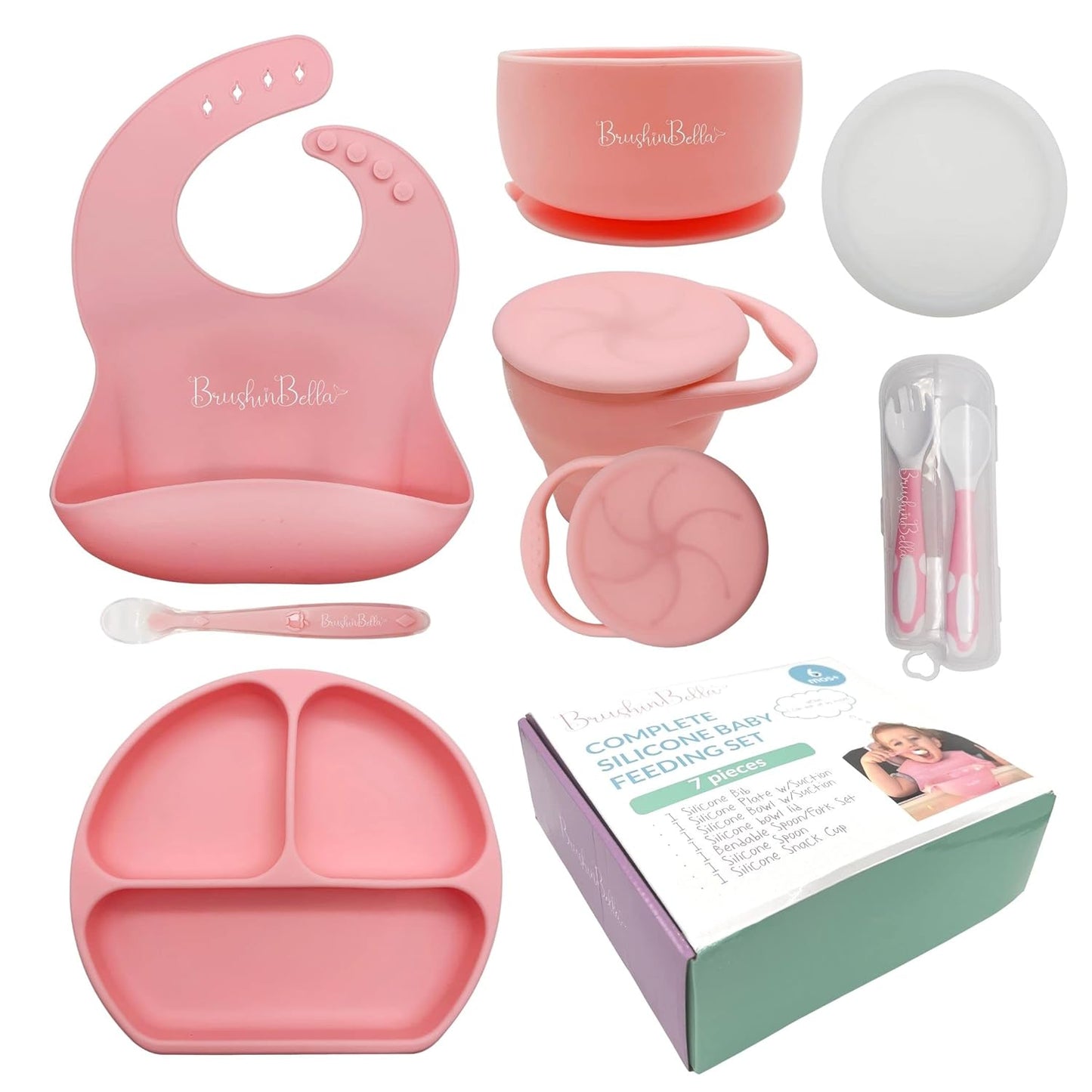 Baby Feeding Supplies - Complete Baby Feeding Set with Baby Plate, Baby Spoons First Stage, Silicone Bib and Snack Cup - Infant Eating Utensils and Baby Bowl with Suction