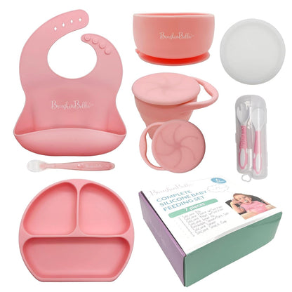 Baby Feeding Supplies - Complete Baby Feeding Set with Baby Plate, Baby Spoons First Stage, Silicone Bib and Snack Cup - Infant Eating Utensils and Baby Bowl with Suction