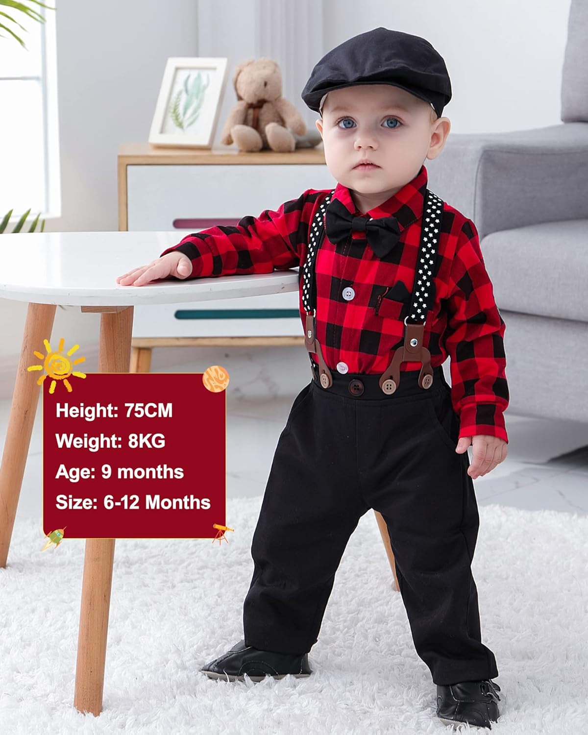 Baby Boy Clothes Set Infant Tuxedo Long Sleeve Gentleman Suit Outfits + Beret Hat + Suspender Pants + Bowtie 0-18M