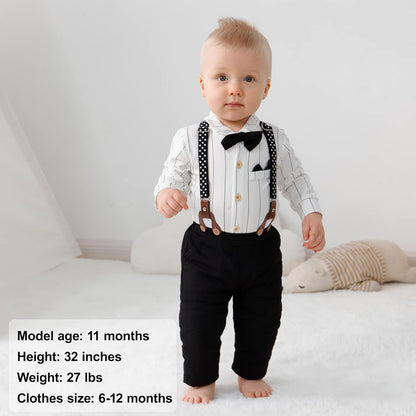 Baby Boy Clothes Set Infant Tuxedo Long Sleeve Gentleman Suit Outfits + Beret Hat + Suspender Pants + Bowtie 0-18M