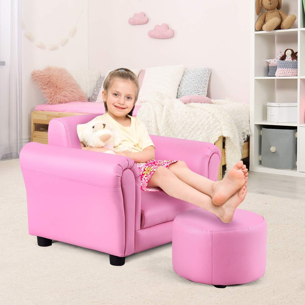 Kids Couch with Ottoman, Child Size Sofa with Roundy Footstool, PU Leather, Anti-Slip Pad, Mini Toddler Toy Story Chair for Playroom Furniture (Pink)