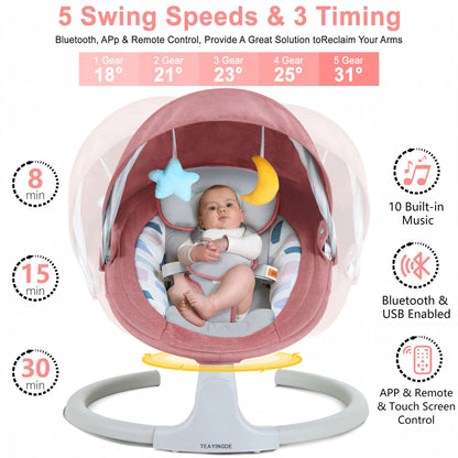 Baby Swing for Infants - APP Remote Bluetooth Control, 5 Speed Settings, 10 Lullabies, USB Plug (Pink)