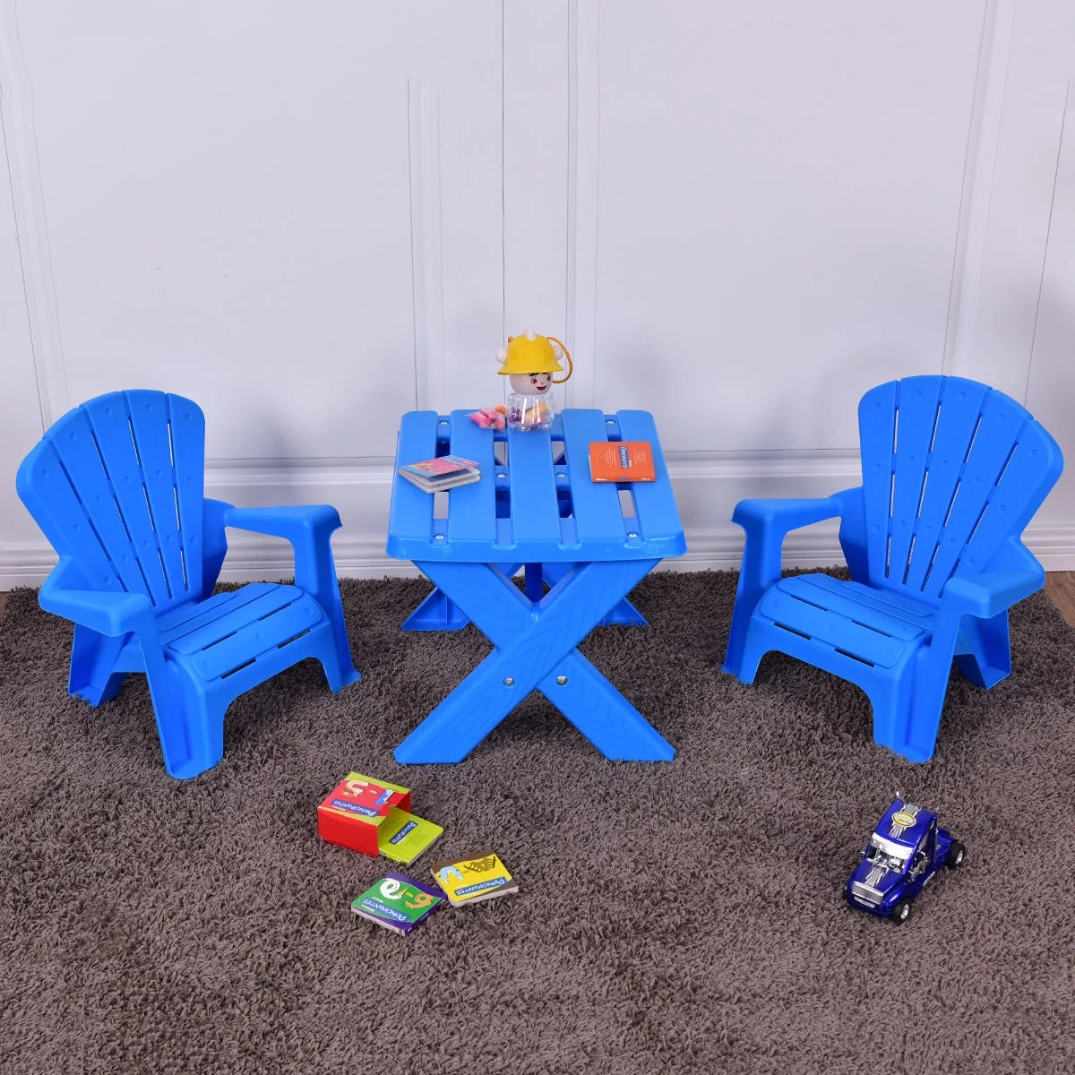 Plastic Children Kids Table & Chair Set 3-Piece Play Furniture In/Outdoor Blue