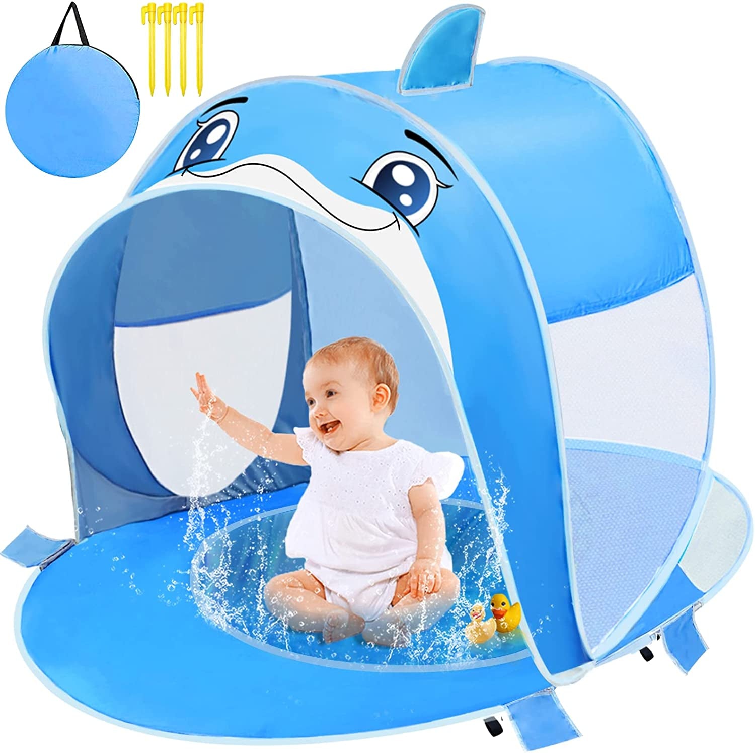 Dolphin Baby Beach Tent with Pool, UPF 50+ UV Protection Pop up Portable Sun Shade Beach Tent with Sand Pocket, Waterproof Outdoor Sun Shelter for Baby Toddler Age 6-36 Months Baby Essentials