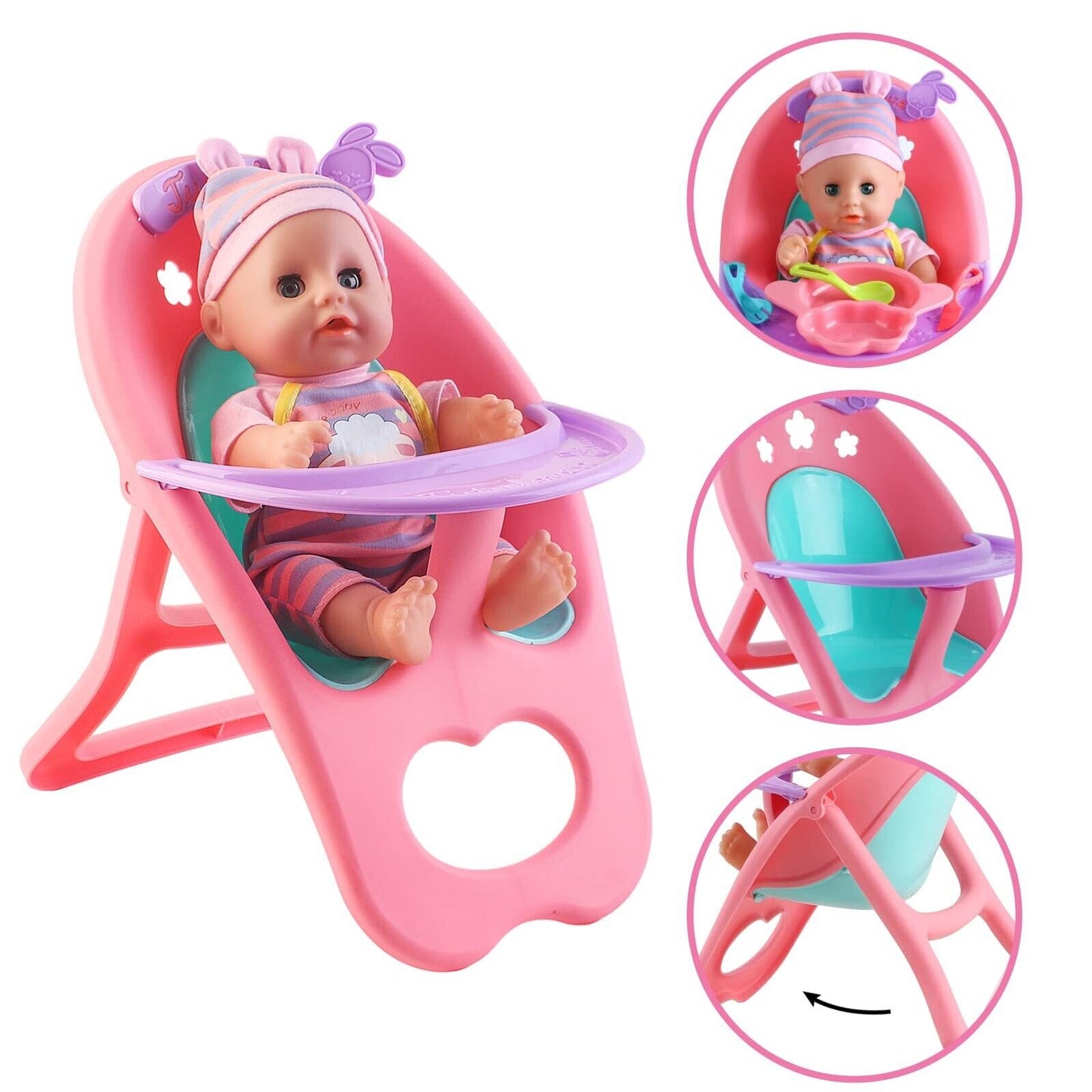 Deao 12” Baby Doll Play Set with Crib, Mobile, High Chair Feeding Accessor