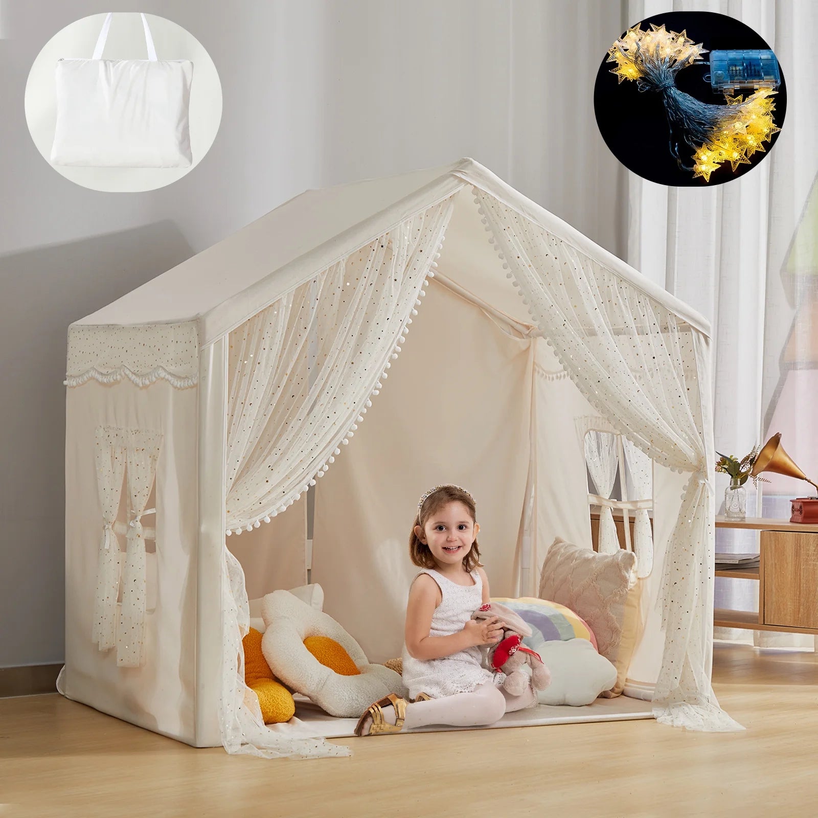 Large Kids Tent with LED Lights, Toddler Playhouse Tent Indoor and Outdoor, White Cotton Canvas