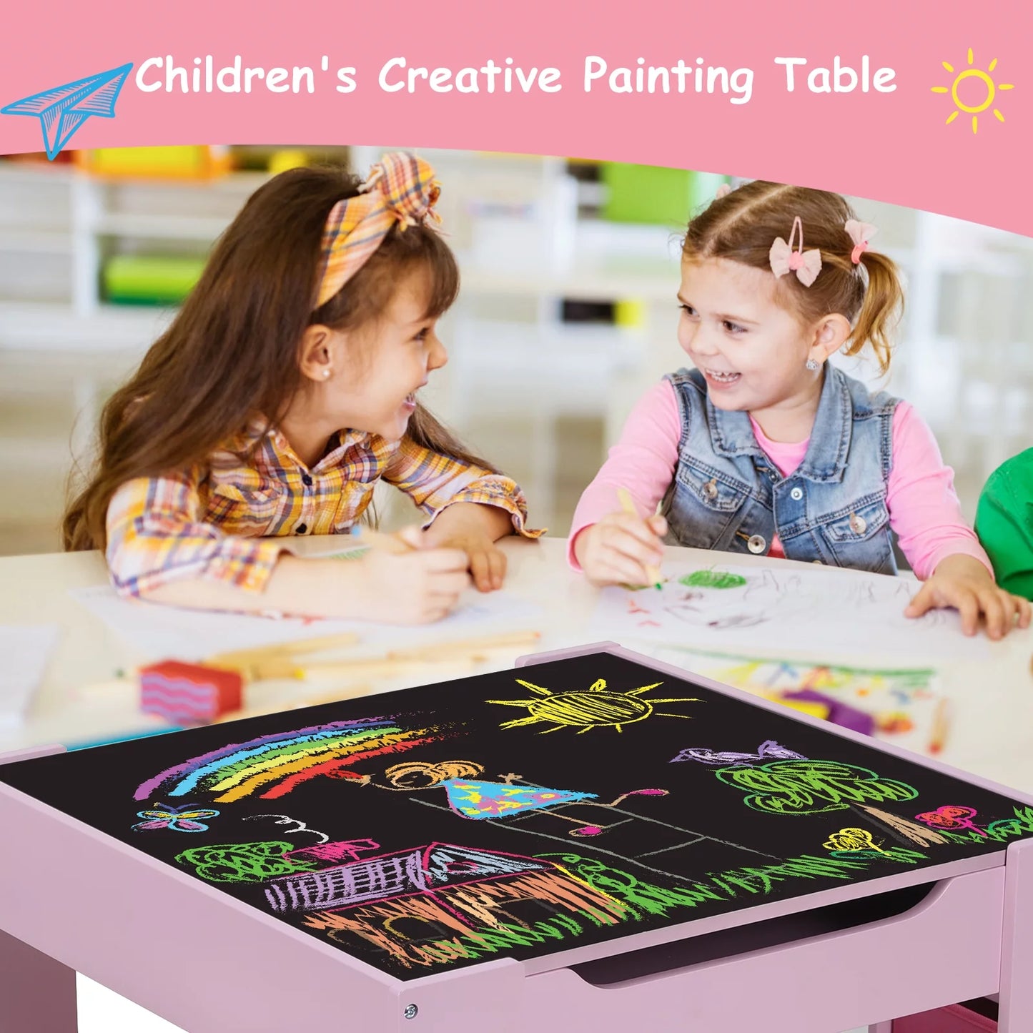 Kids Table and 2 Chairs Set Wooden Activity Table and Chair Set with Blackboard & Storage Drawer