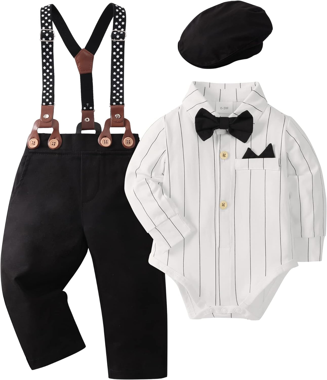 Baby Boy Clothes Set Infant Tuxedo Long Sleeve Gentleman Suit Outfits + Beret Hat + Suspender Pants + Bowtie 0-18M