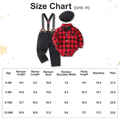 Baby Boy Clothes Set Infant Tuxedo Long Sleeve Gentleman Suit Outfits + Beret Hat + Suspender Pants + Bowtie 0-18M