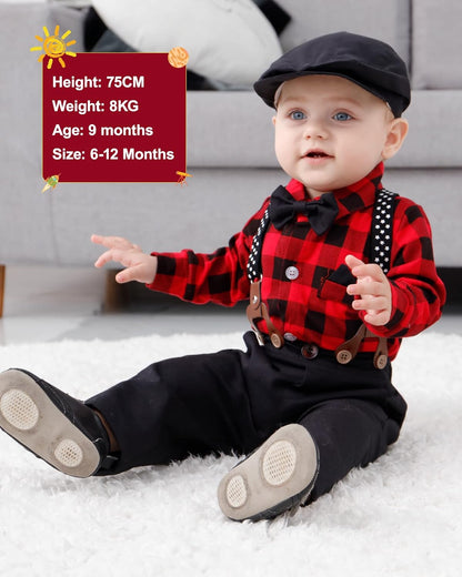 Baby Boy Clothes Set Infant Tuxedo Long Sleeve Gentleman Suit Outfits + Beret Hat + Suspender Pants + Bowtie 0-18M