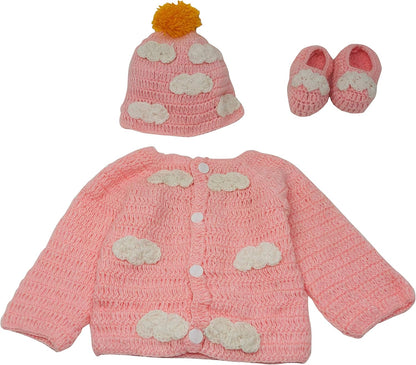 Newborn Cozy Warm Baby Sweater Set -Hand Made Baby Crochet Set -Pink/Blue Knit Cardigan with Booties & Hat Gift Set