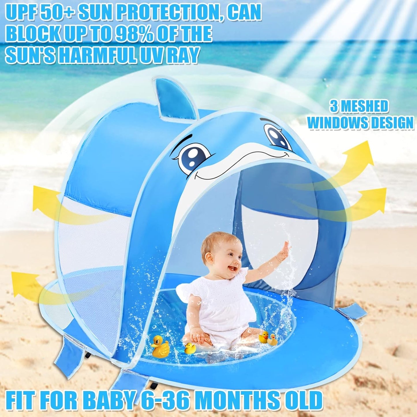 Dolphin Baby Beach Tent with Pool, UPF 50+ UV Protection Pop up Portable Sun Shade Beach Tent with Sand Pocket, Waterproof Outdoor Sun Shelter for Baby Toddler Age 6-36 Months Baby Essentials