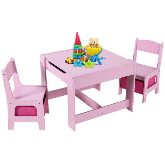 Kids Table and 2 Chairs Set Wooden Activity Table and Chair Set with Blackboard & Storage Drawer