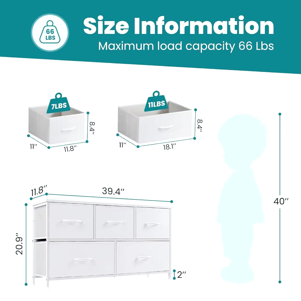 Dresser Storage with 5 Organizer Closet Chest Small Clothes Fabric Cabinet, Kids Furniture Drawer Binis, Nightstand for Bedroom