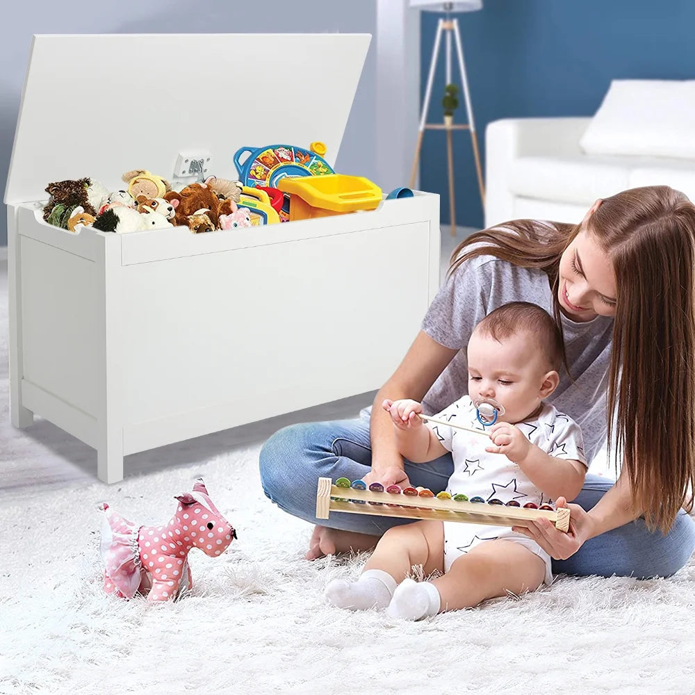 Toy Storage Box, Wooden Toy Box and Storage Chest with Seating Bench, Toy Chest with Safety Hinged Lid, Gift for Boys Girls