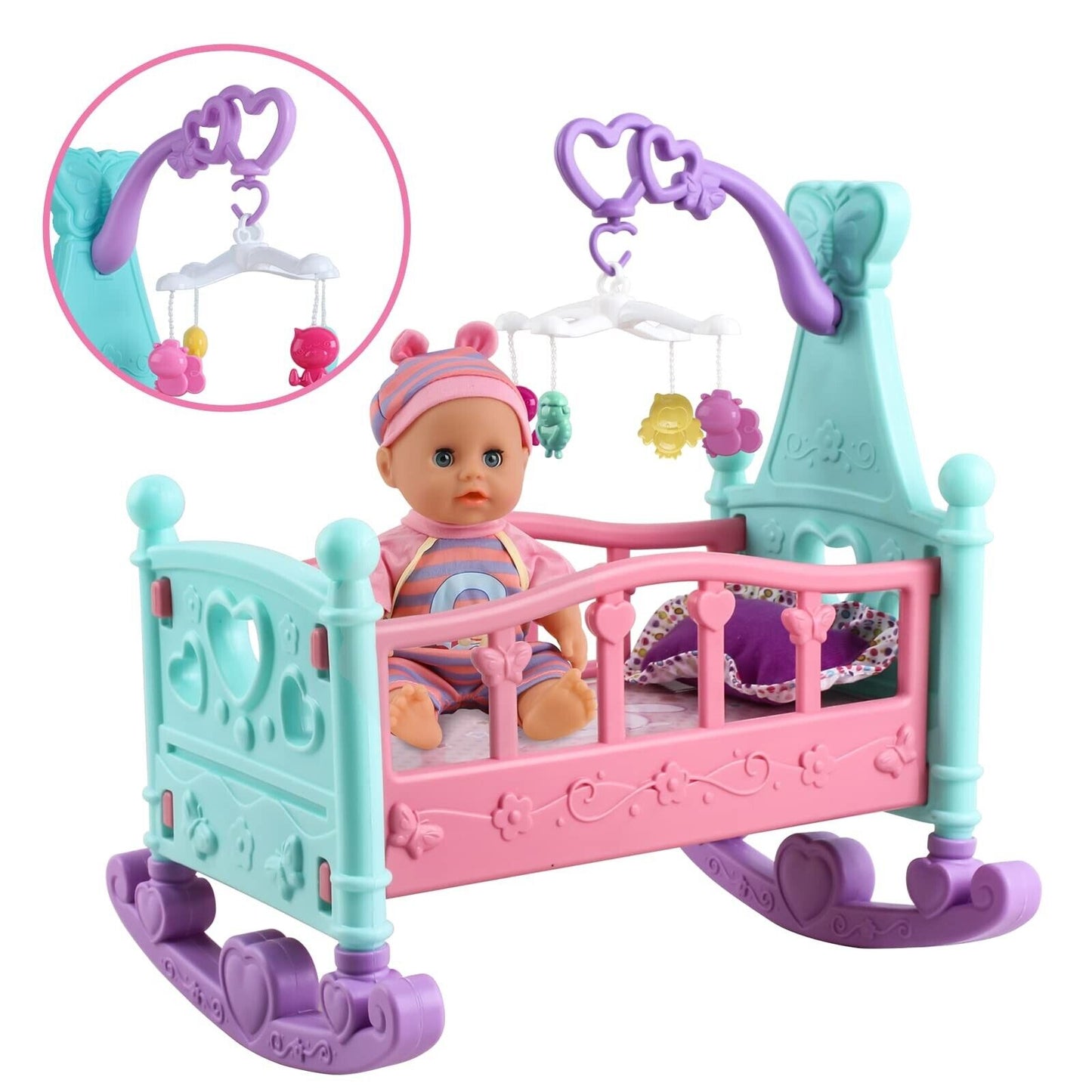 Deao 12” Baby Doll Play Set with Crib, Mobile, High Chair Feeding Accessor