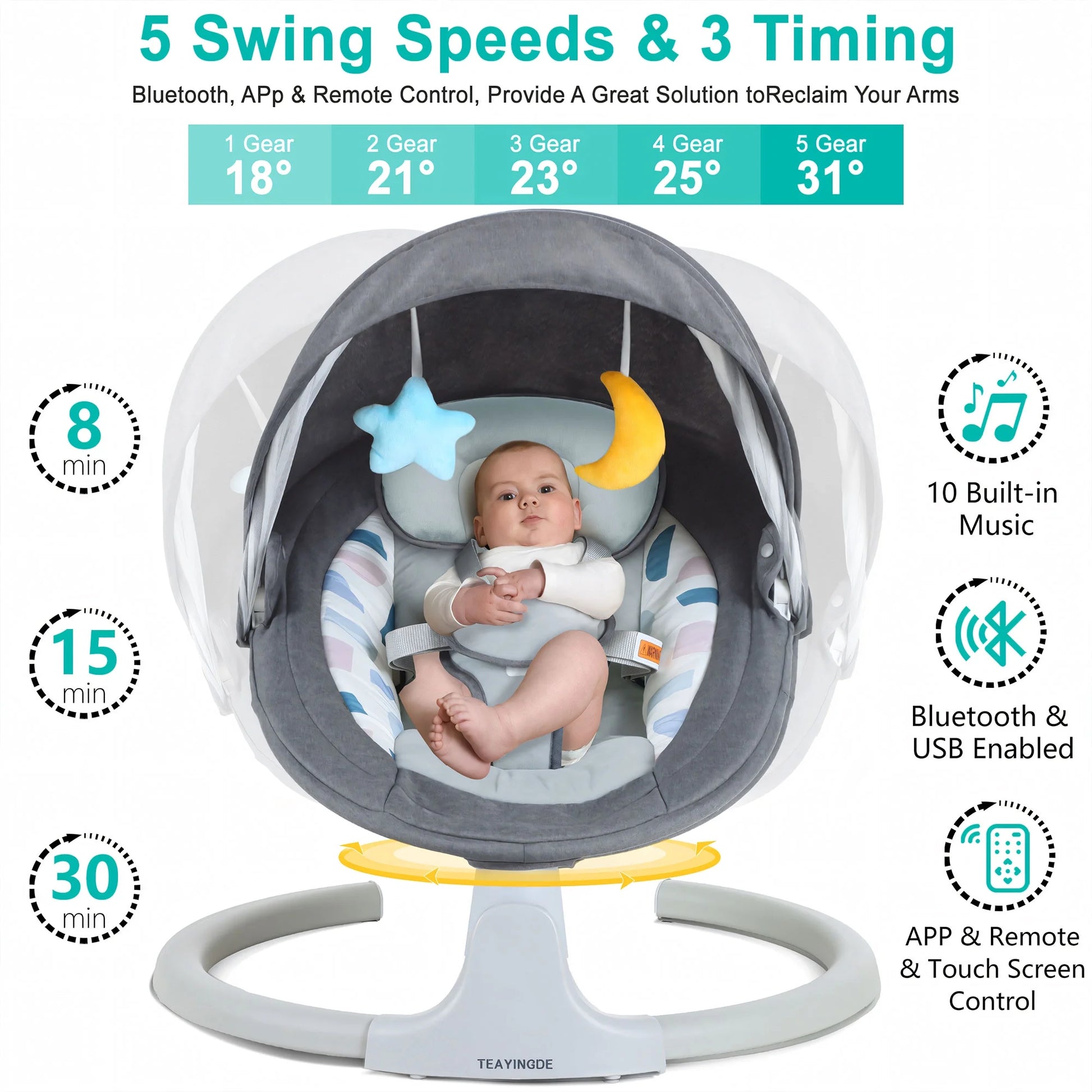 Baby Swing for Infants - APP Remote Bluetooth Control, 5 Speed Settings, 10 Lullabies, USB Plug (Gray)