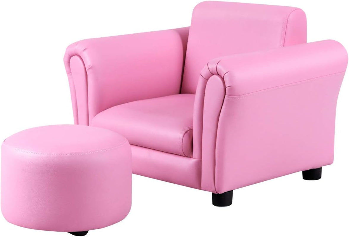 Kids Couch with Ottoman, Child Size Sofa with Roundy Footstool, PU Leather, Anti-Slip Pad, Mini Toddler Toy Story Chair for Playroom Furniture (Pink)