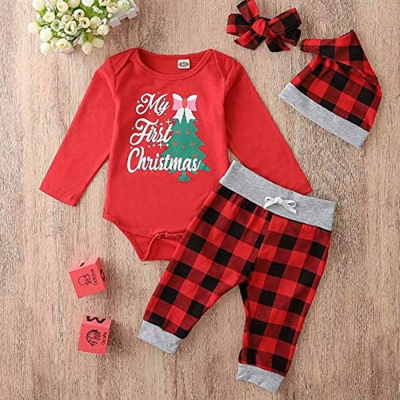 My First Christmas Outfit Baby Girl Boy Christmas Tree Romper Bodysuit Tops Buffalo Plaid Pants and Hat Headband 4 Pcs Set