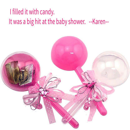 48 Pieces Fillable Baby Rattle Party Favors, Pink with Decorative Bear & Ribbon