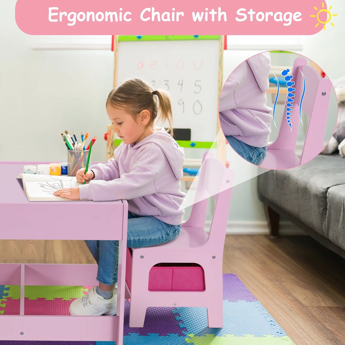 Kids Table and 2 Chairs Set Wooden Activity Table and Chair Set with Blackboard & Storage Drawer