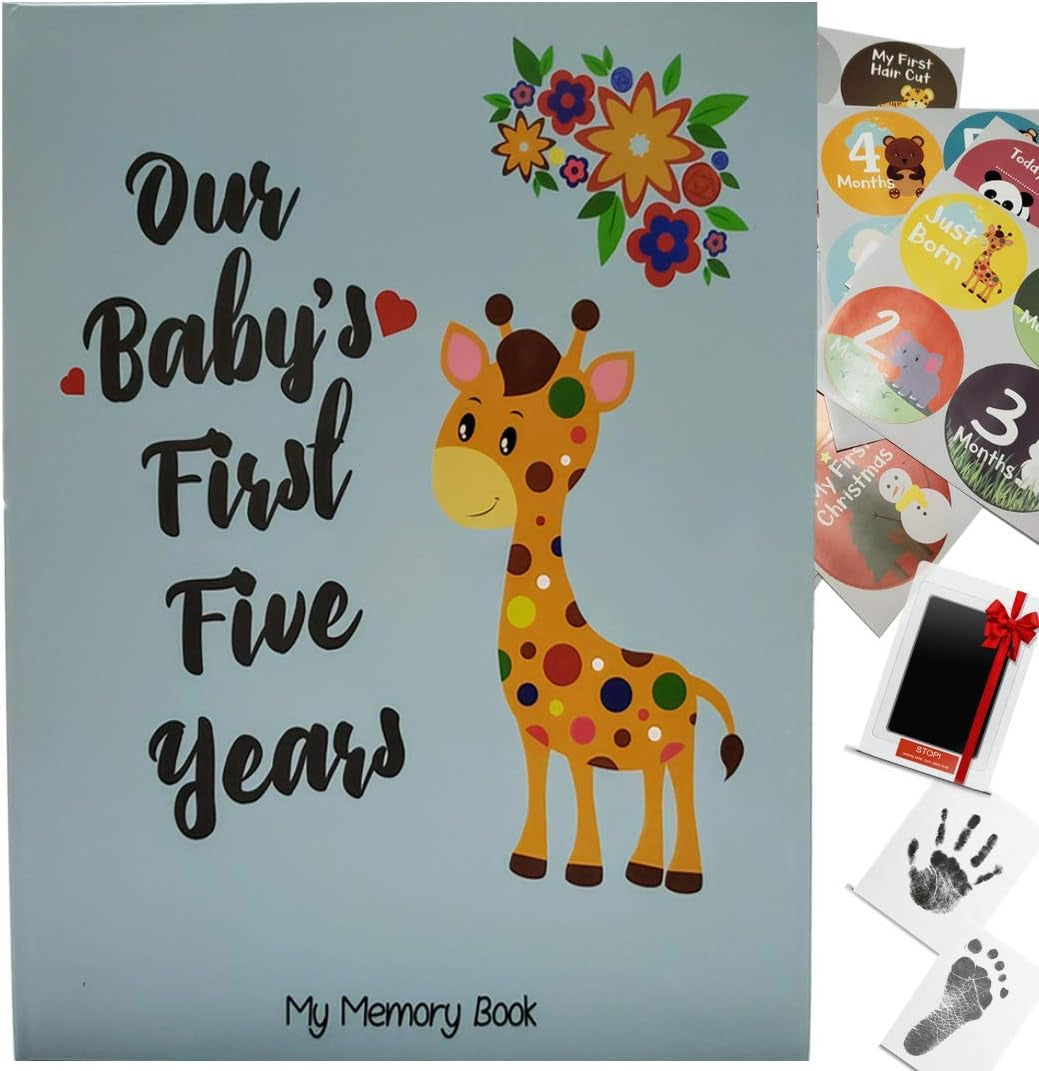 First 5 Years Baby Memory Book Journal Scrapbook 48 Pack Monthly Milestones Stickers & Clean-Touch Baby Safe Ink Pad