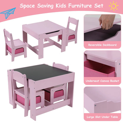 Kids Table and 2 Chairs Set Wooden Activity Table and Chair Set with Blackboard & Storage Drawer