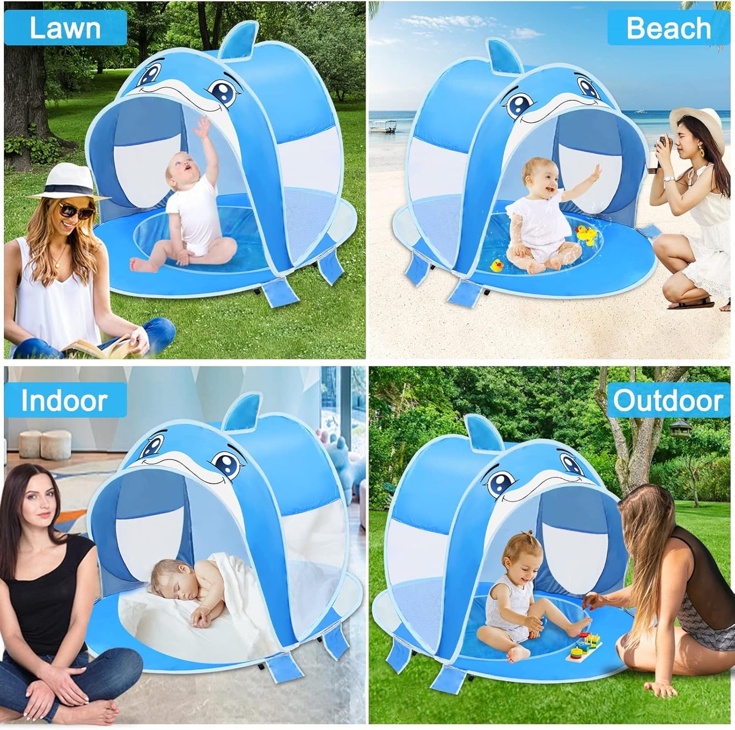 Dolphin Baby Beach Tent with Pool, UPF 50+ UV Protection Pop up Portable Sun Shade Beach Tent with Sand Pocket, Waterproof Outdoor Sun Shelter for Baby Toddler Age 6-36 Months Baby Essentials