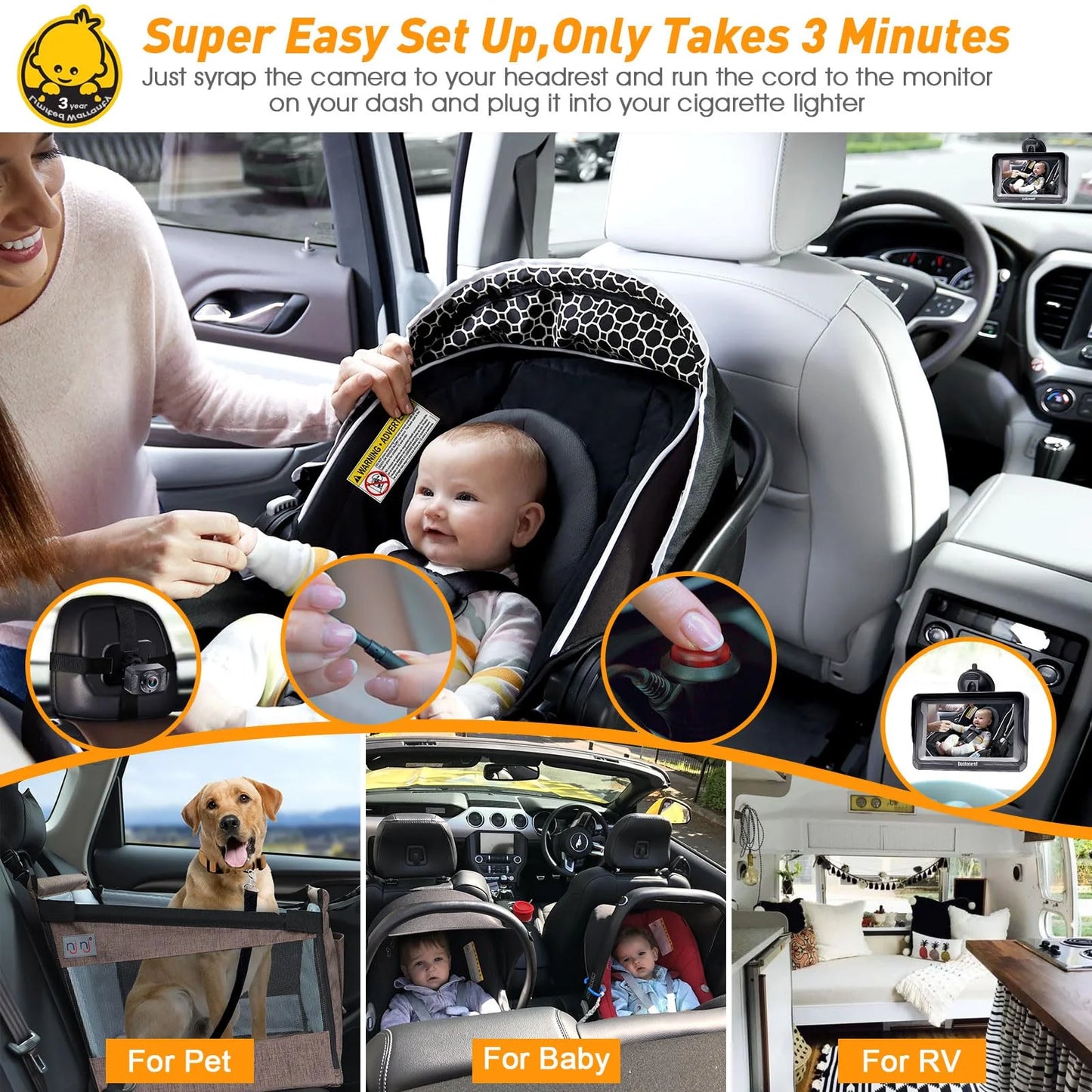 Baby Car Camera HD 1080P: 360° Rotating Plug and Play Easy Install 3 Mins Rear Facing Car Baby Monitor with Camera Crystal Night Vision Backseat Camera Two Kids -V33