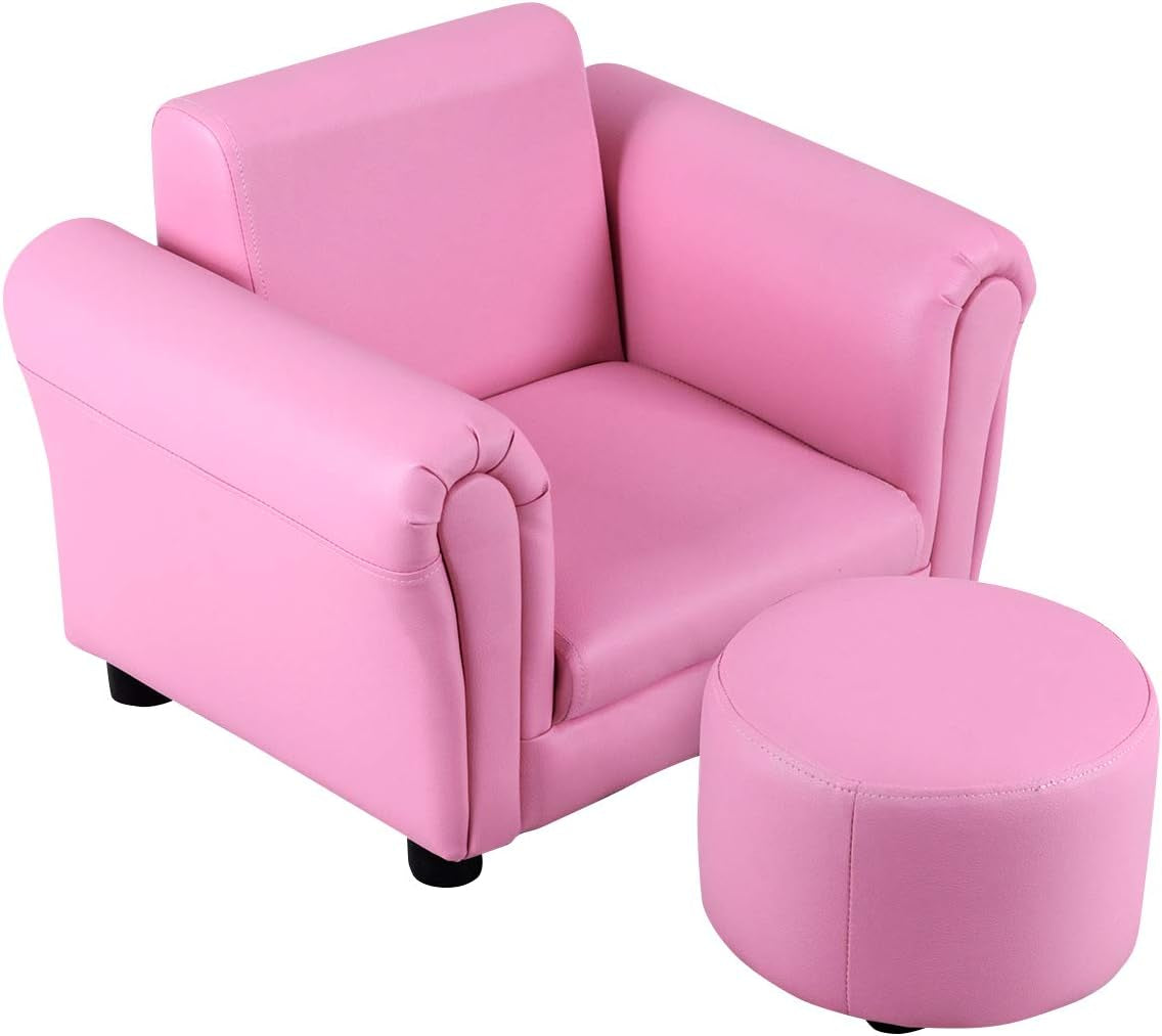 Kids Couch with Ottoman, Child Size Sofa with Roundy Footstool, PU Leather, Anti-Slip Pad, Mini Toddler Toy Story Chair for Playroom Furniture (Pink)