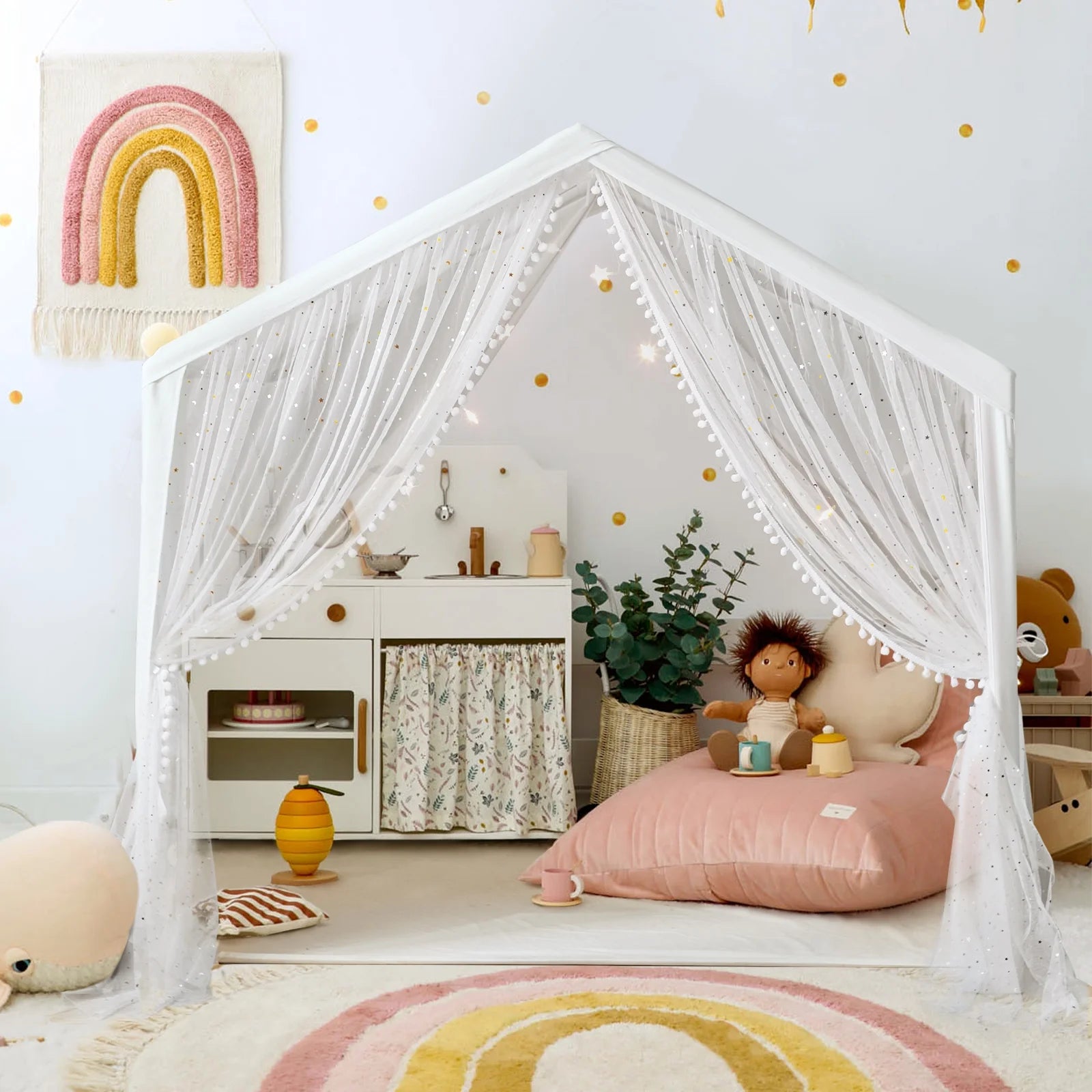 Large Kids Tent with LED Lights, Toddler Playhouse Tent Indoor and Outdoor, White Cotton Canvas