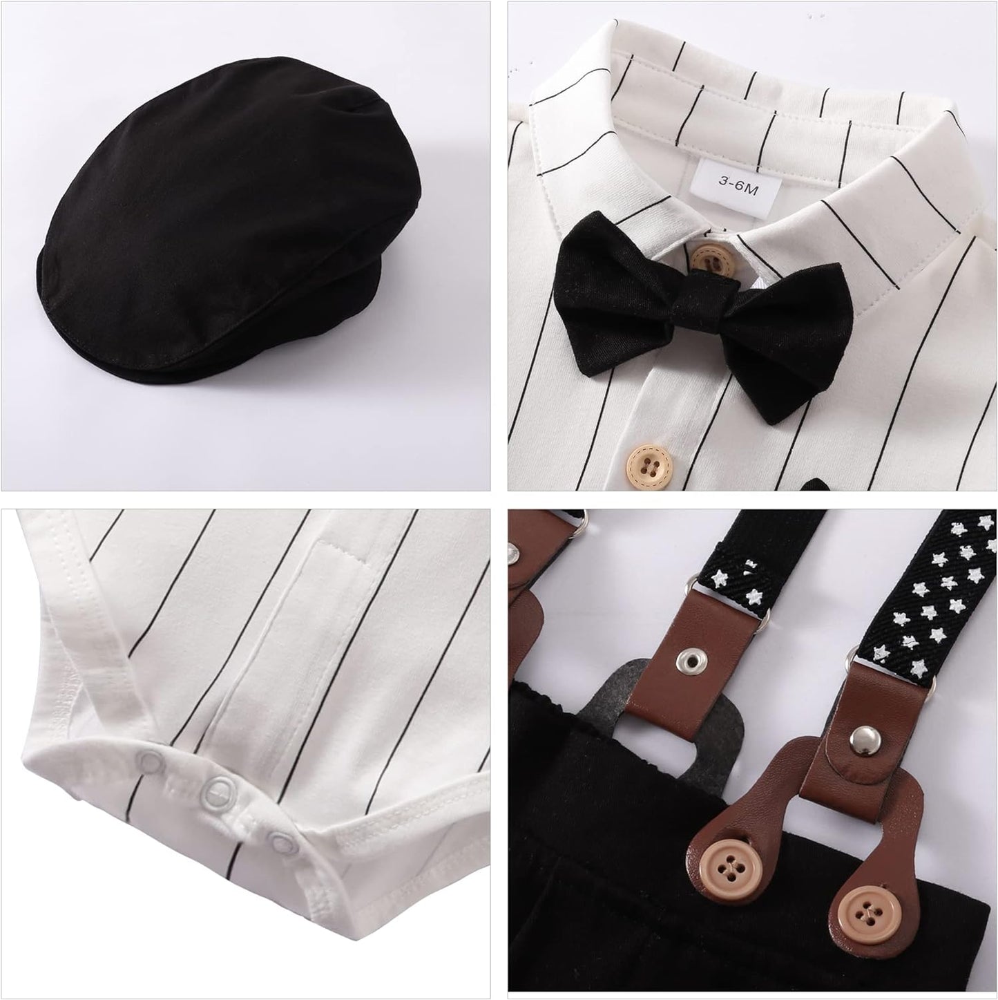 Baby Boy Clothes Set Infant Tuxedo Long Sleeve Gentleman Suit Outfits + Beret Hat + Suspender Pants + Bowtie 0-18M