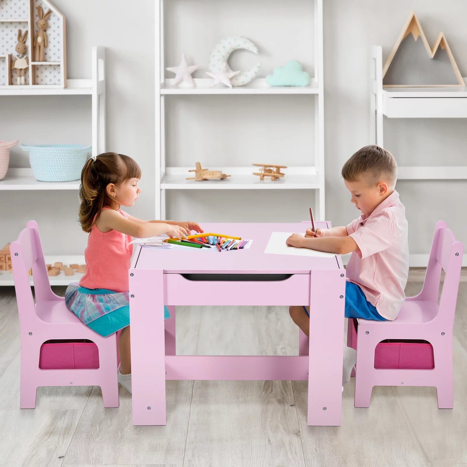 Kids Table and 2 Chairs Set Wooden Activity Table and Chair Set with Blackboard & Storage Drawer