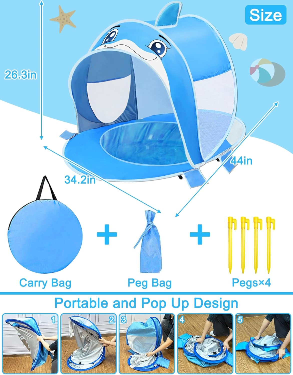 Dolphin Baby Beach Tent with Pool, UPF 50+ UV Protection Pop up Portable Sun Shade Beach Tent with Sand Pocket, Waterproof Outdoor Sun Shelter for Baby Toddler Age 6-36 Months Baby Essentials