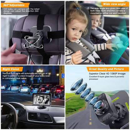 Baby Car Camera HD 1080P: 360° Rotating Plug and Play Easy Install 3 Mins Rear Facing Car Baby Monitor with Camera Crystal Night Vision Backseat Camera Two Kids -V33