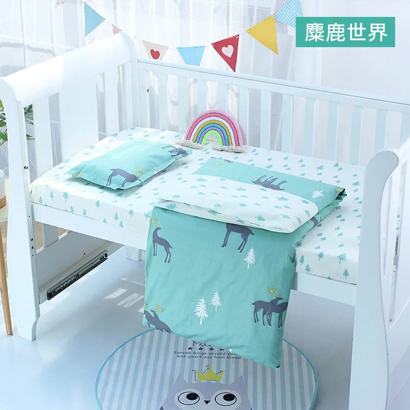 3Pcs Set Newborn Baby Crib Beddings Set Cotton Cartoon Print Color Bedroom Bed Cot Linens Quilt Cover Case Sheets Pillow