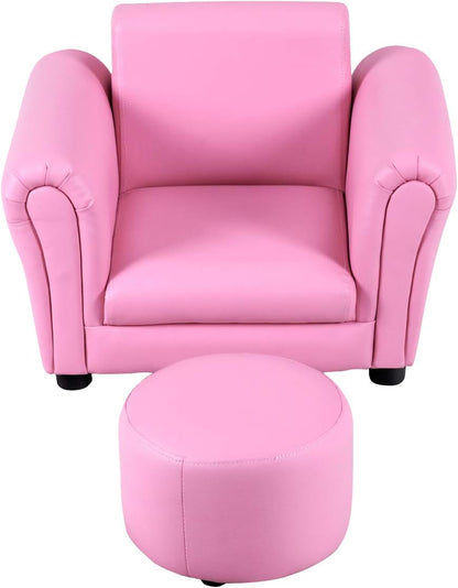 Kids Couch with Ottoman, Child Size Sofa with Roundy Footstool, PU Leather, Anti-Slip Pad, Mini Toddler Toy Story Chair for Playroom Furniture (Pink)