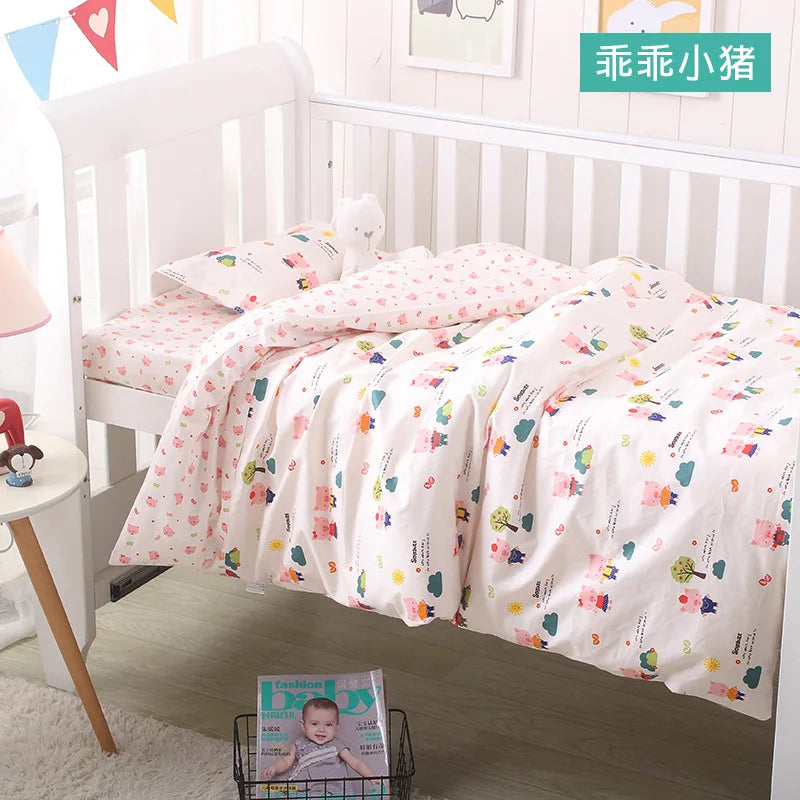 3Pcs Set Newborn Baby Crib Beddings Set Cotton Cartoon Print Color Bedroom Bed Cot Linens Quilt Cover Case Sheets Pillow