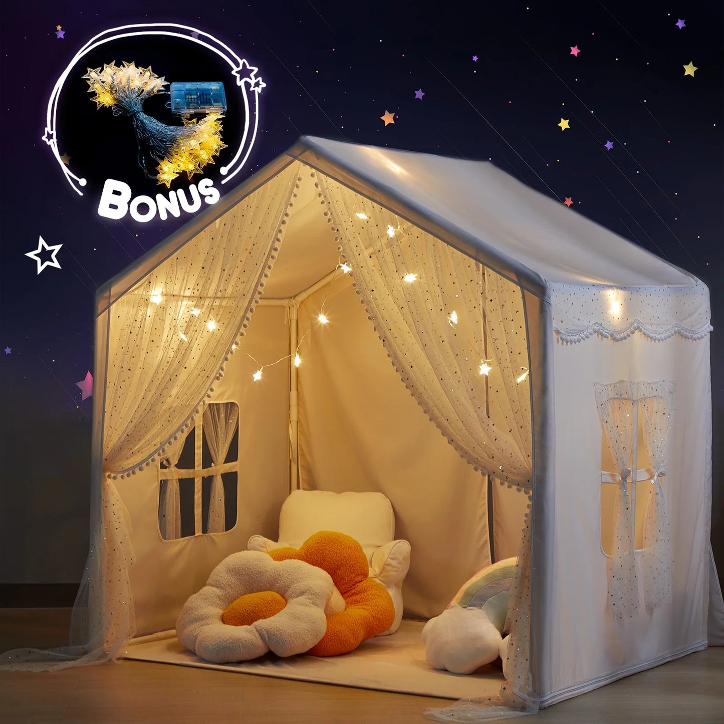 Large Kids Tent with LED Lights, Toddler Playhouse Tent Indoor and Outdoor, White Cotton Canvas