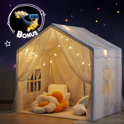 Large Kids Tent with LED Lights, Toddler Playhouse Tent Indoor and Outdoor, White Cotton Canvas