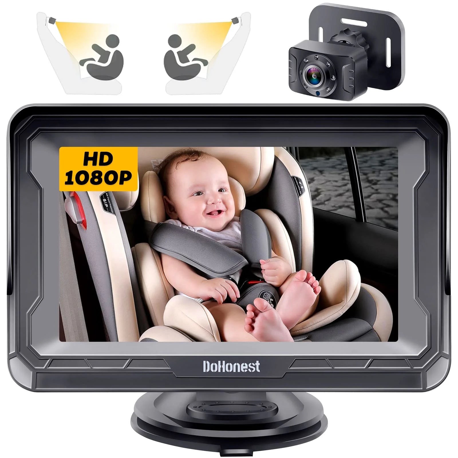 Baby Car Camera HD 1080P: 360° Rotating Plug and Play Easy Install 3 Mins Rear Facing Car Baby Monitor with Camera Crystal Night Vision Backseat Camera Two Kids -V33