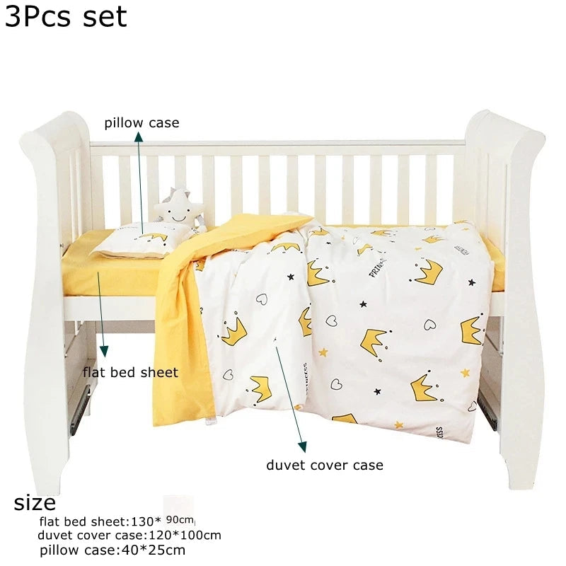 3Pcs Set Newborn Baby Crib Beddings Set Cotton Cartoon Print Color Bedroom Bed Cot Linens Quilt Cover Case Sheets Pillow