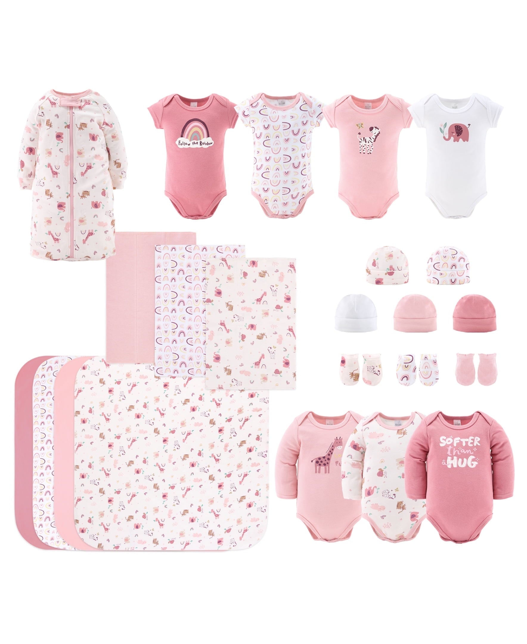 Newborn Layette Gift Set for Baby Girls, 23 Essential Pieces, Pink Rainbow Safari Animals, 0-3 Months