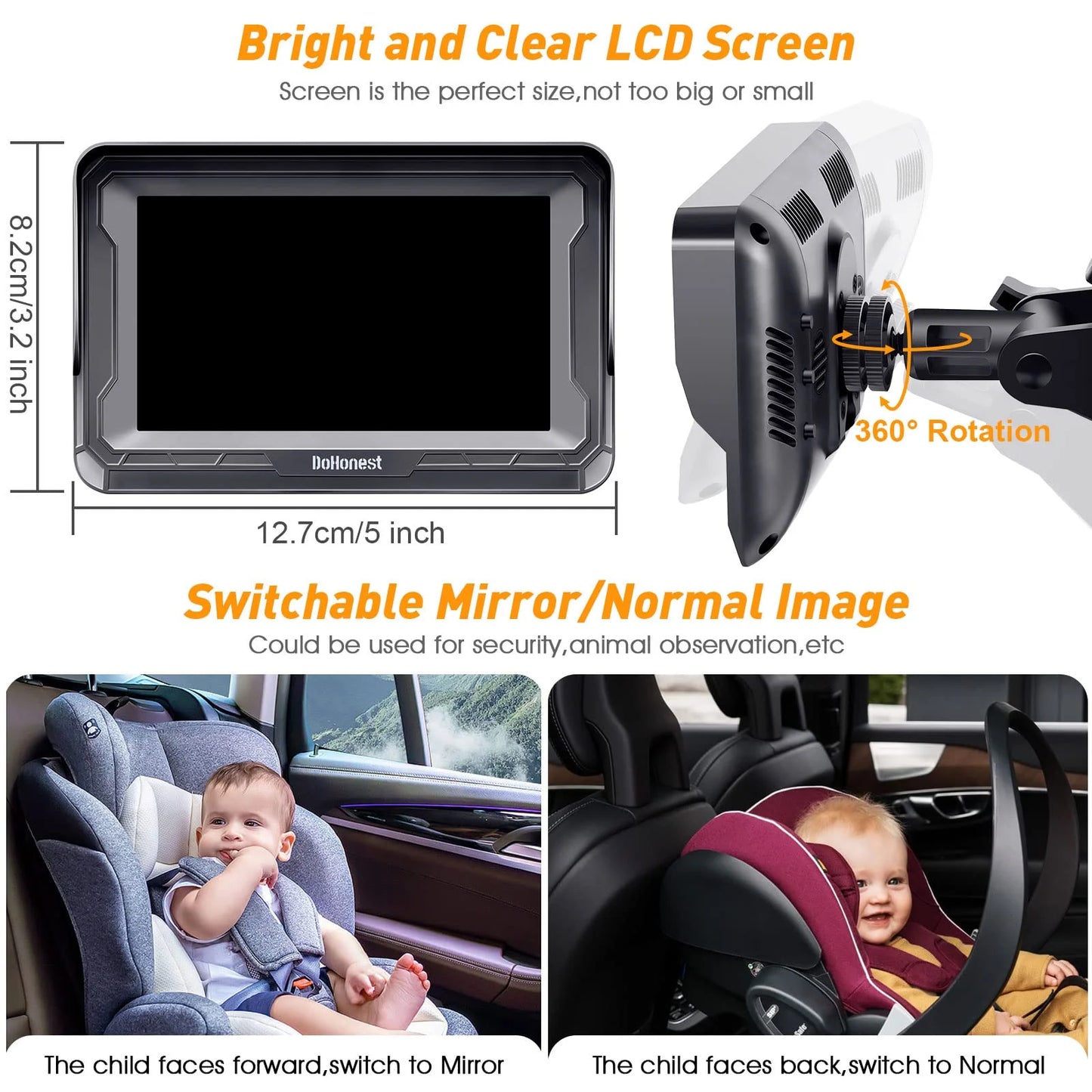 Baby Car Camera HD 1080P: 360° Rotating Plug and Play Easy Install 3 Mins Rear Facing Car Baby Monitor with Camera Crystal Night Vision Backseat Camera Two Kids -V33