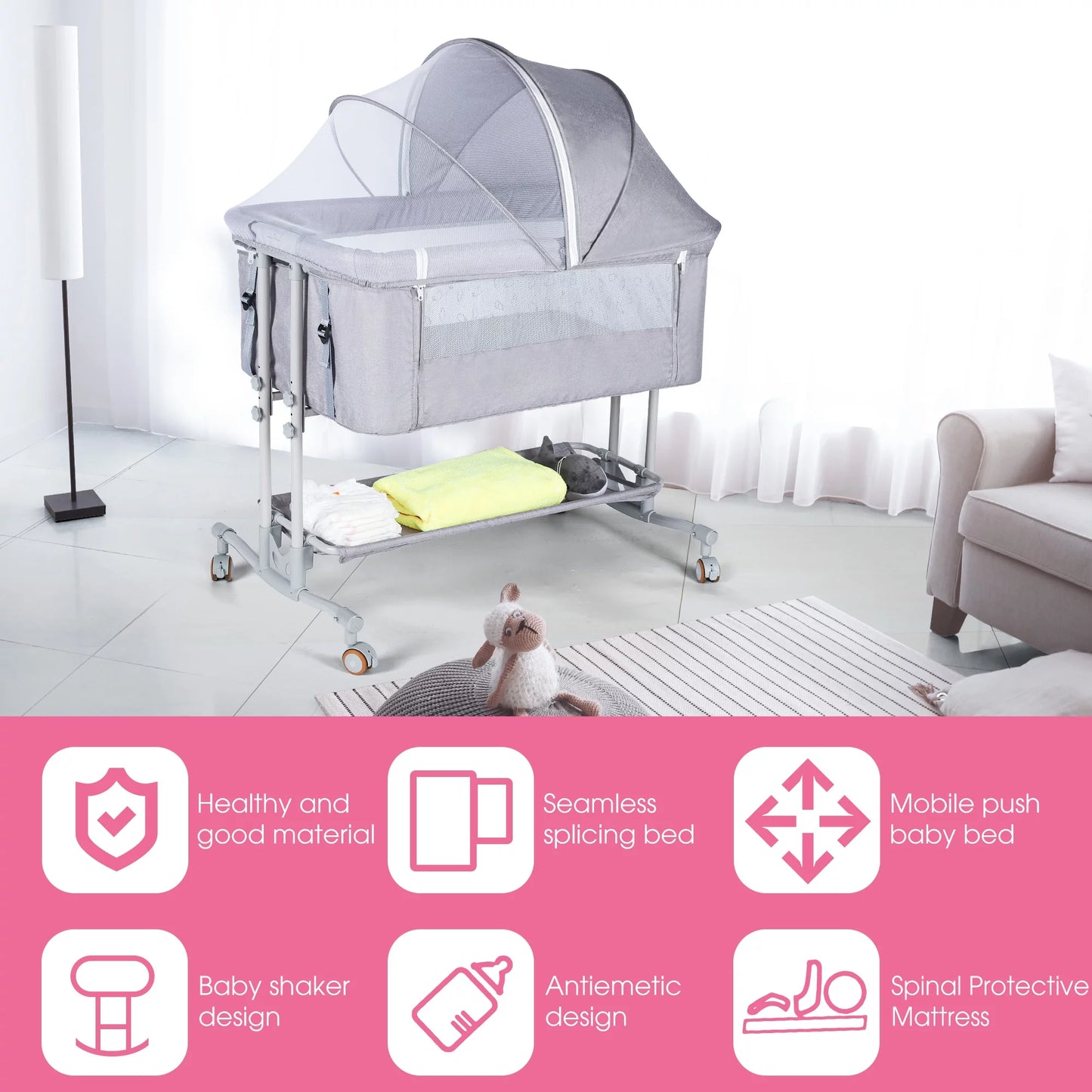 Baby Bassinet Bedside Sleeper Bassinet for 0-6 Months Baby Unisex (Light Grey)