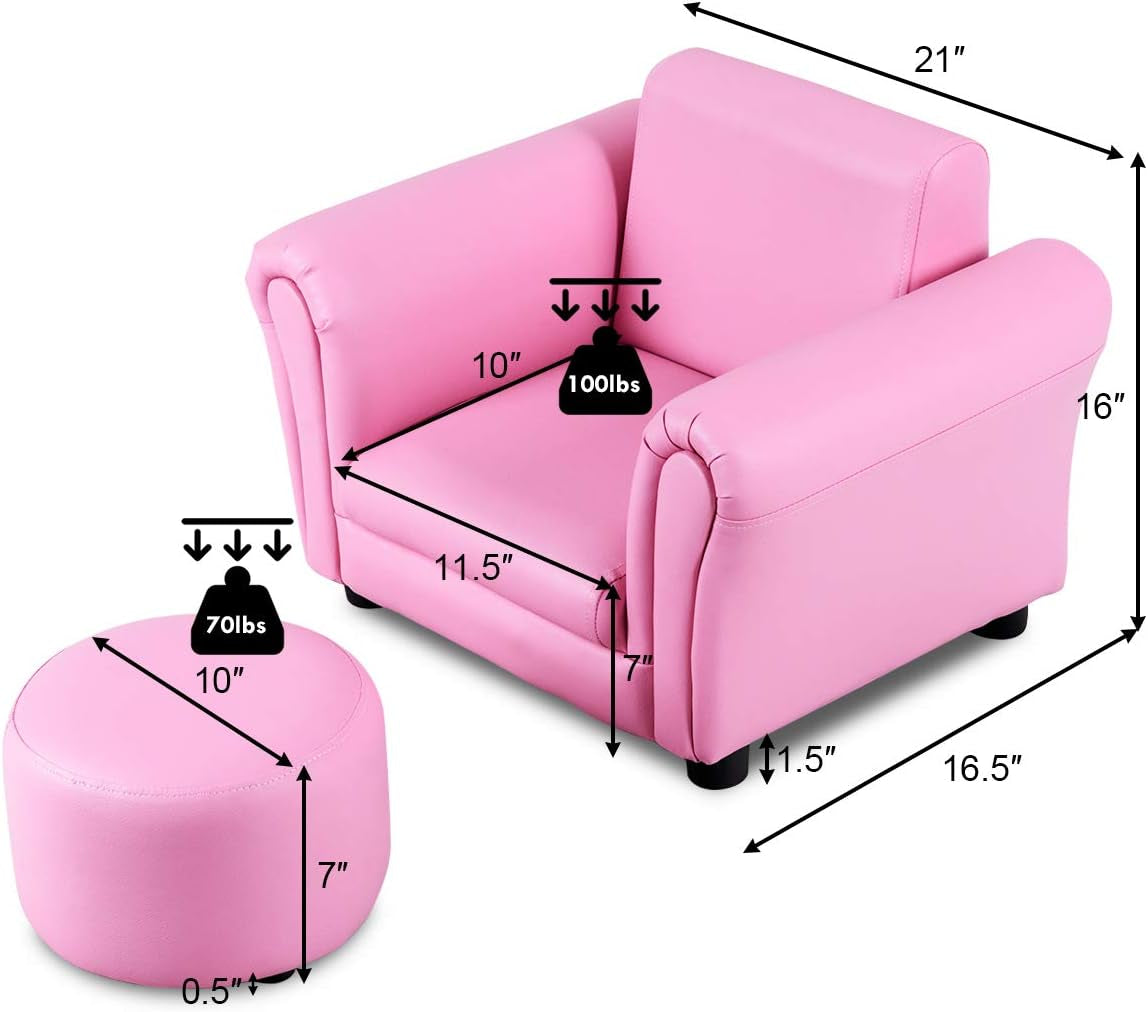 Kids Couch with Ottoman, Child Size Sofa with Roundy Footstool, PU Leather, Anti-Slip Pad, Mini Toddler Toy Story Chair for Playroom Furniture (Pink)