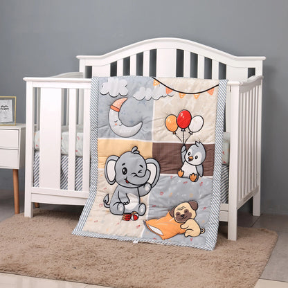 4Pcs Unisex Baby Crib Bedding Set with Quilt, Crib Sheet, Crib Skirt, Pillowcase