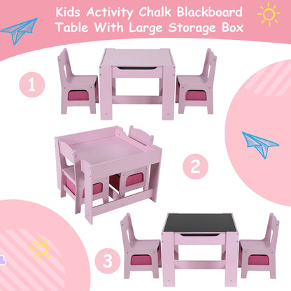 Kids Table and 2 Chairs Set Wooden Activity Table and Chair Set with Blackboard & Storage Drawer