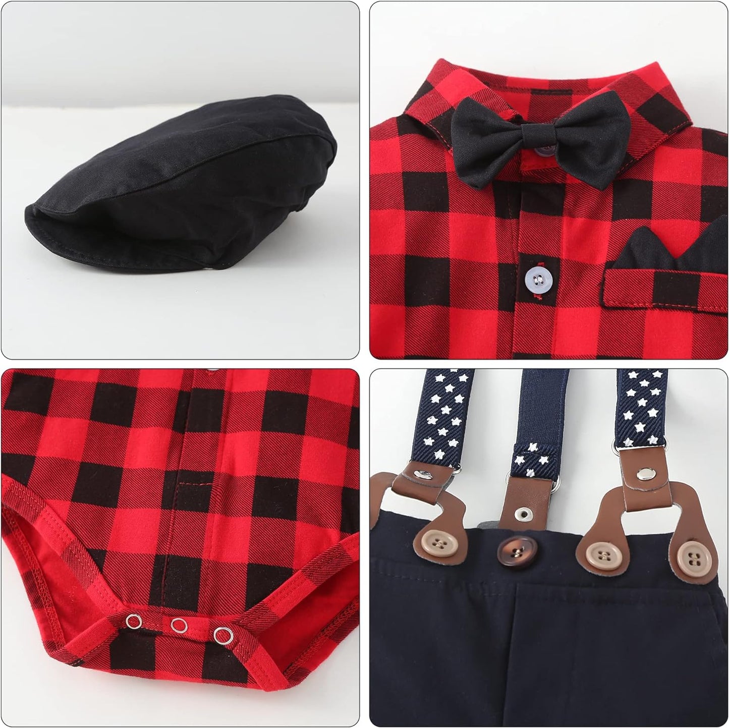 Baby Boy Clothes Set Infant Tuxedo Long Sleeve Gentleman Suit Outfits + Beret Hat + Suspender Pants + Bowtie 0-18M