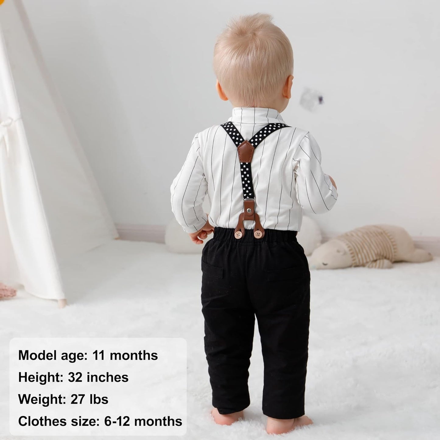 Baby Boy Clothes Set Infant Tuxedo Long Sleeve Gentleman Suit Outfits + Beret Hat + Suspender Pants + Bowtie 0-18M